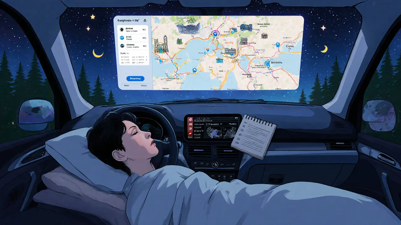 Путешественник спит в машине под звёздами, надDashboard — интерфейс ИИ с маршрутами и точками отдыха.