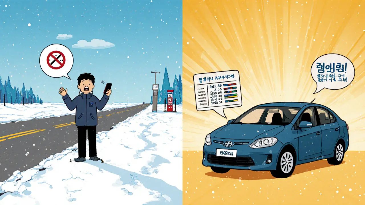 Сравнение двух сцен: водитель в бедствии на пустынной дороге и тот же водитель спокойно заправляющийся в Польше.