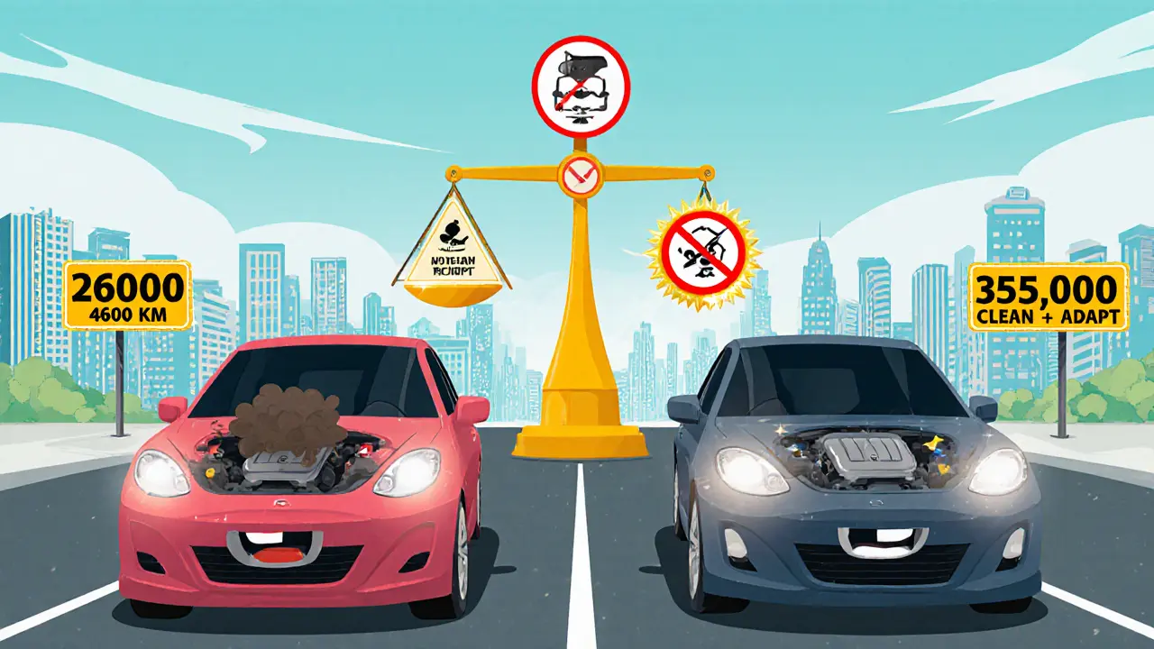 Два автомобиля: один с нагаром и надписью &#039;Не чистить&#039;, другой — с чистой заслонкой и надписью &#039;Чистка + адаптация&#039;, между ними — весы с ценами.