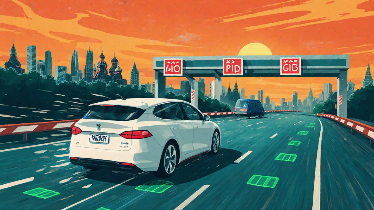 Электромобиль едет бесплатно по платной трассе, рядом — знаки запрета для платы.