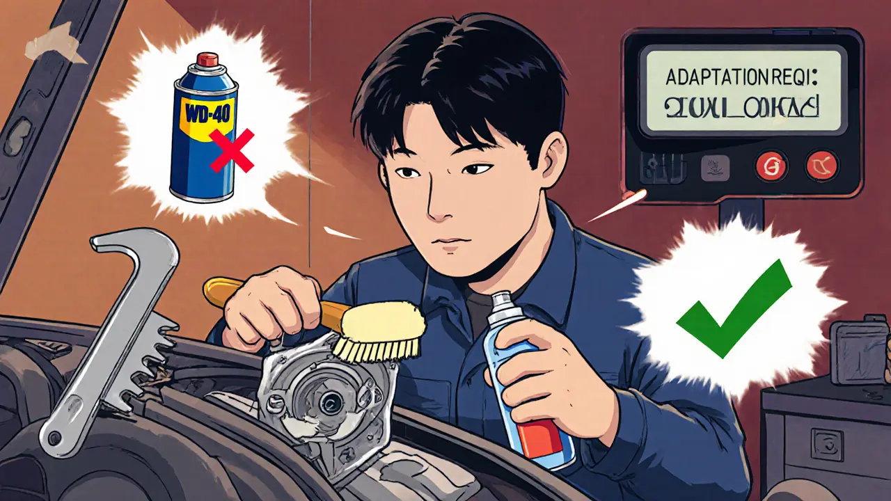 Механик аккуратно чистит дроссельную заслонку щёткой и специальным очистителем, рядом — запрещённые средства и подсказка об адаптации.