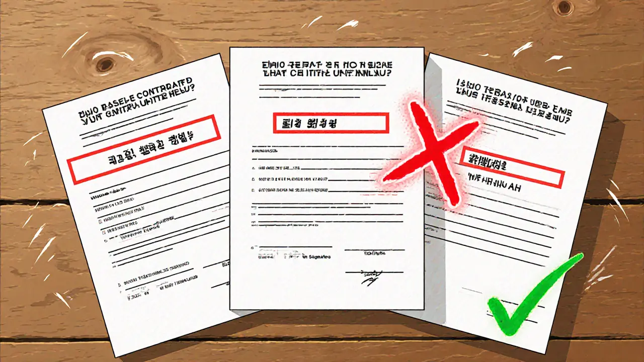 Три договора с ошибками и один правильный, выделенные красными и зелеными метками.