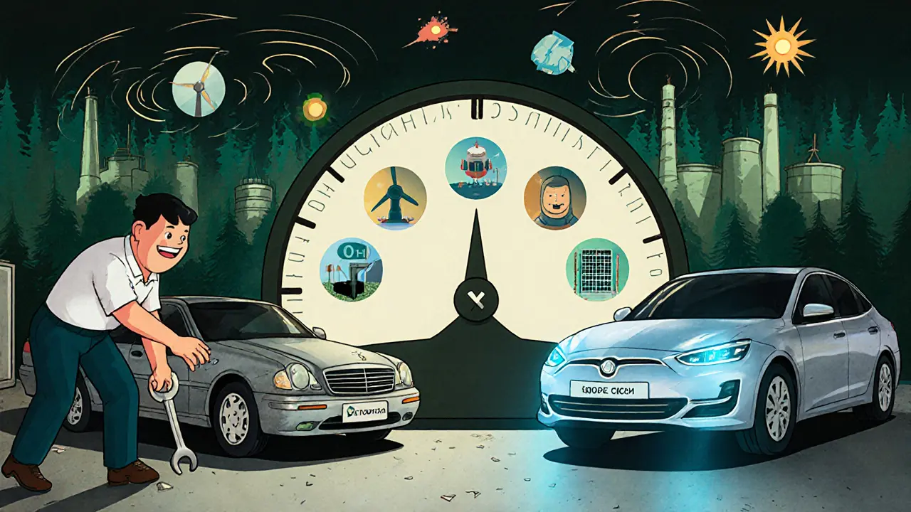 Гараж с тремя автомобилями: старый, гибридный и электрический, с весами, показывающими мощность вместо объема.