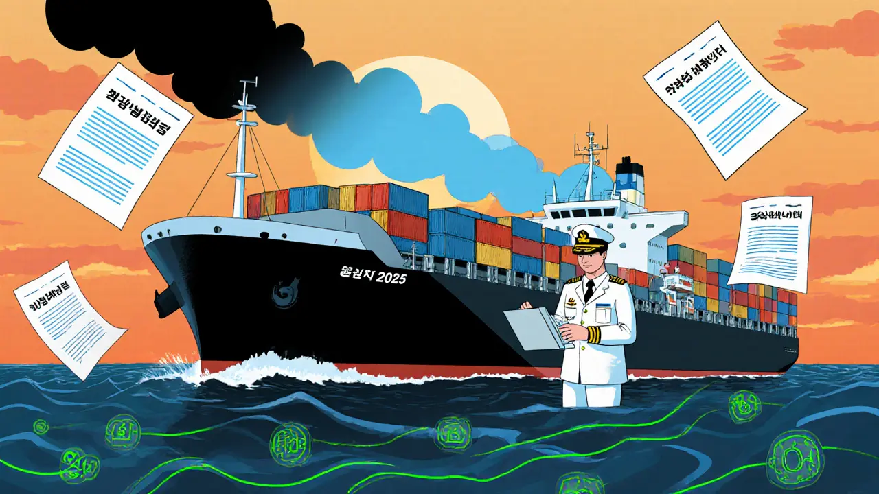 Грузовой корабль с экологичным двигателем и документами МАРПОЛ-2025 на фоне моря.