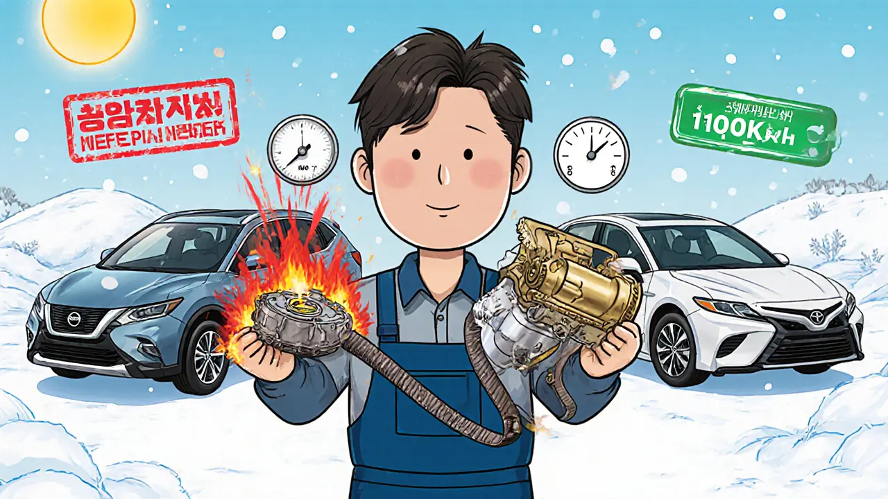 Механик держит сломанный ремень вариатора и исправный гидротрансформатор, на фоне двух машин с разными состояниями.