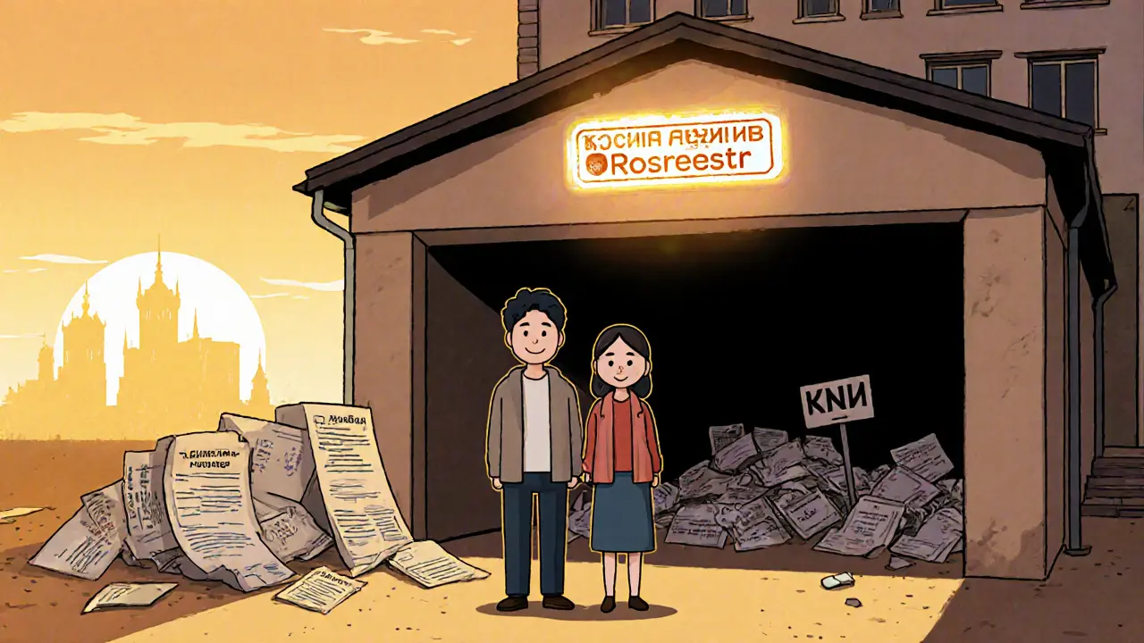 Семья стоит у зарегистрированного гаража, позади — рушатся поддельные документы, солнце светит сзади.