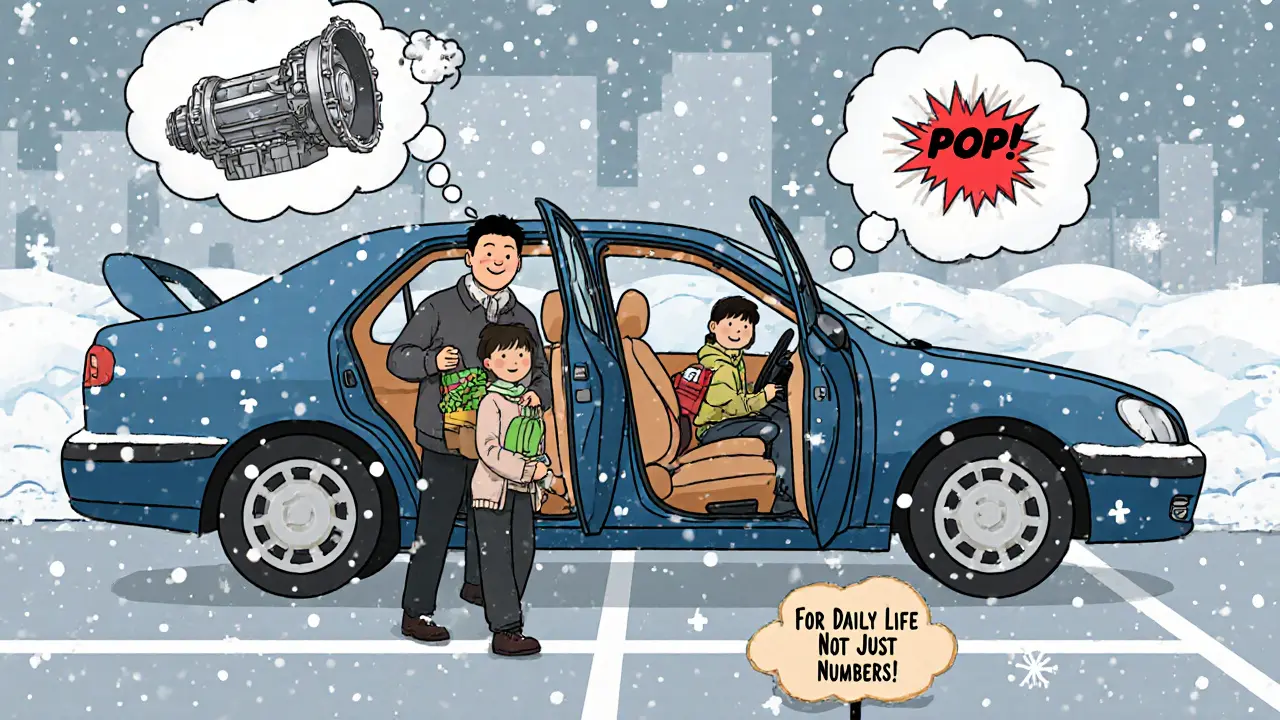 Семья загружает машину в снегу — гидротрансформатор работает тихо, а вариатор и робот показаны в виде разрушающихся иллюстраций.