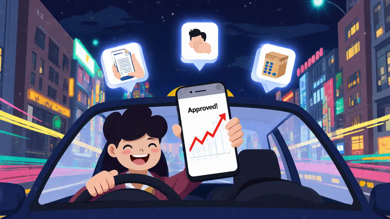 Водитель за рулём с телефоном, показывающим одобрение, и тремя путями работы в воздухе.