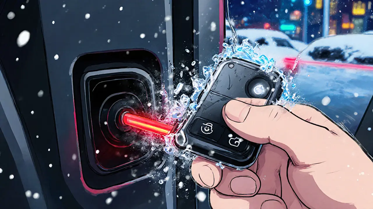 Электрический брелок с нагревательным стержнем тает лед в замке автомобиля.