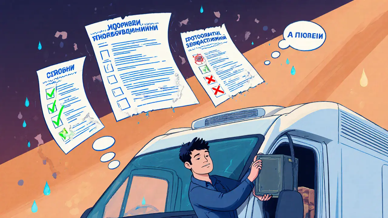 Механик устанавливает холодильник в фургон, вокруг летят документы с галочками и крестиками.