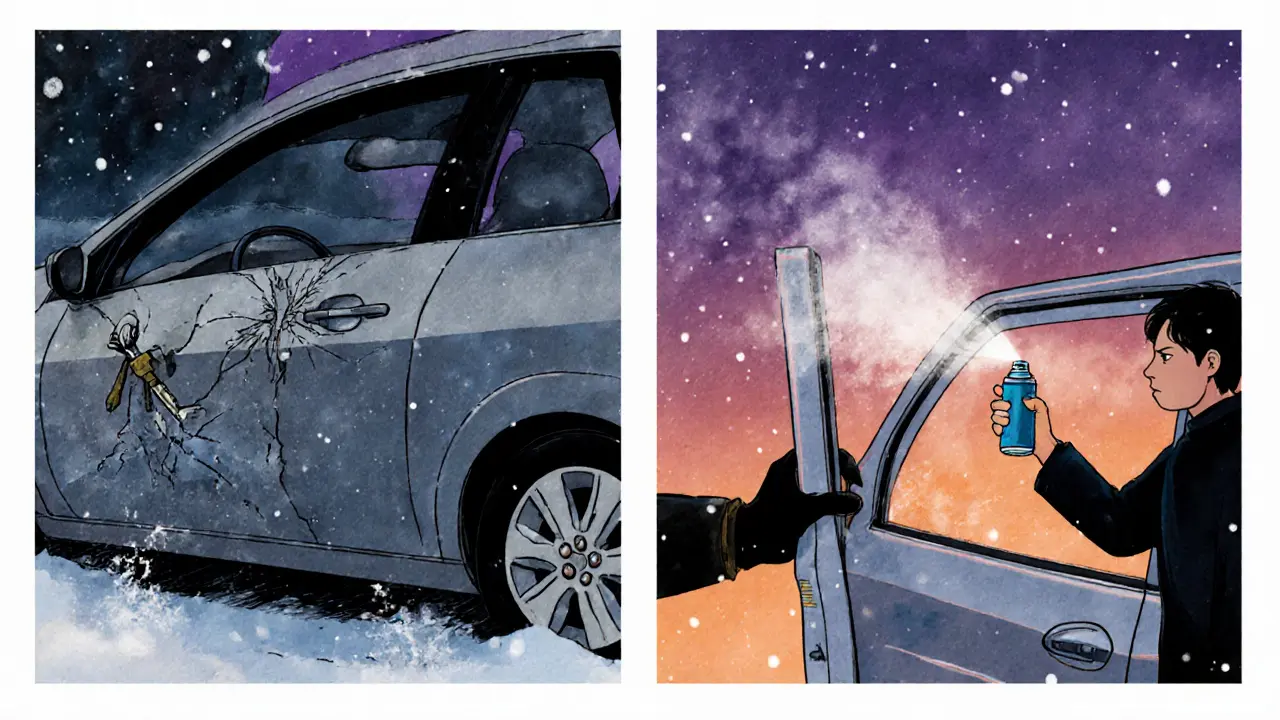 Сравнение: сломанный замок от зажигалки и защищенный замок с профилактическим спреем.