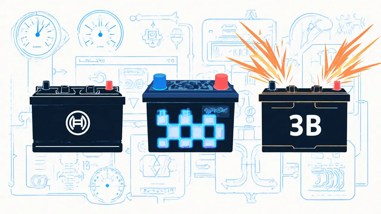Три автомобильных аккумулятора — AGM, EFB и ZUBR — с техническими индикаторами и символами напряжения.