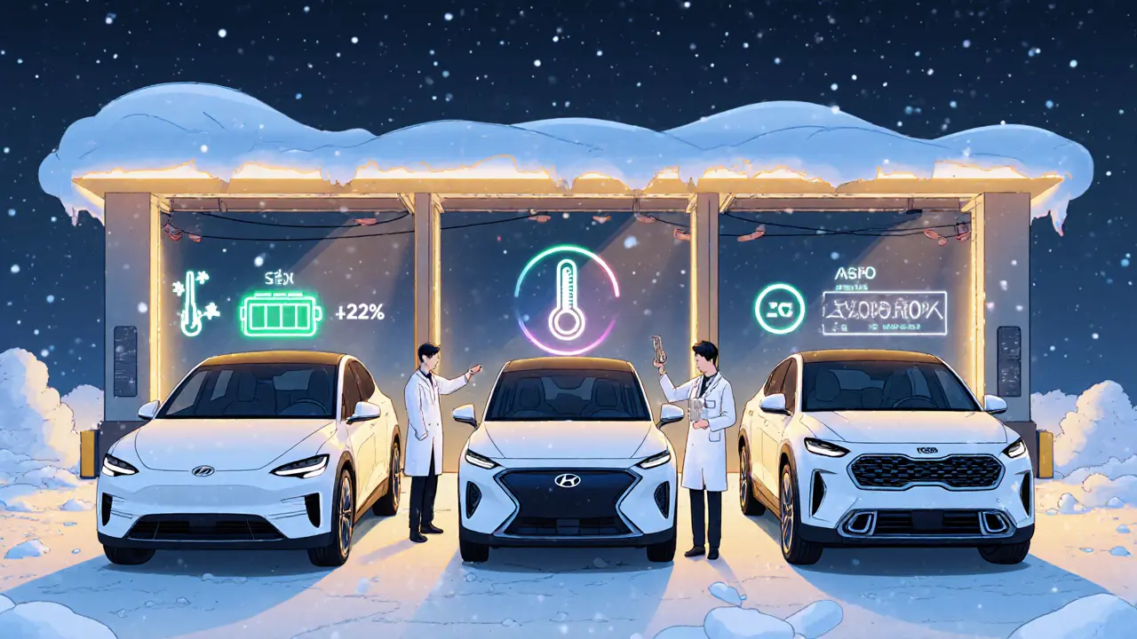 Три электрокроссовера в сервисе показывают падение запаса хода при -25°C, рядом — техники с голографическими экранами.