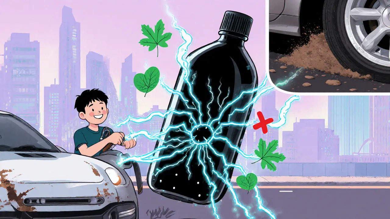 Умный чернитель восстанавливает трещины на шине, в фоне — современный город и экологичные символы.