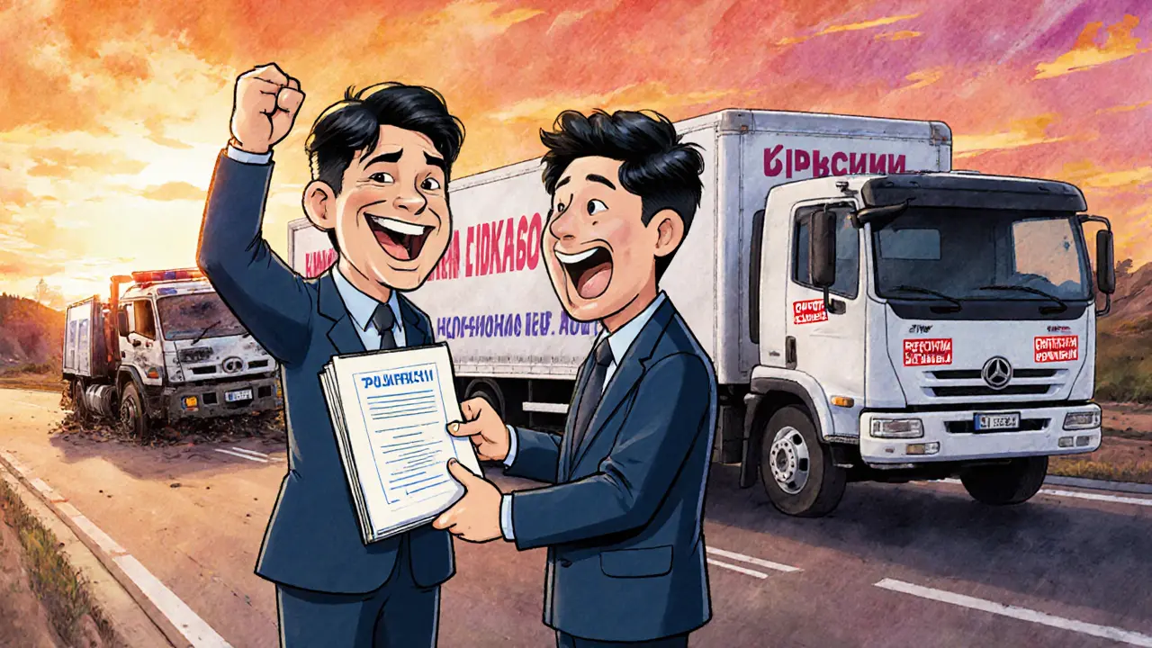 Владелец получает новые документы на легальный грузовик, за спиной — эвакуатор с нелегальным авто.