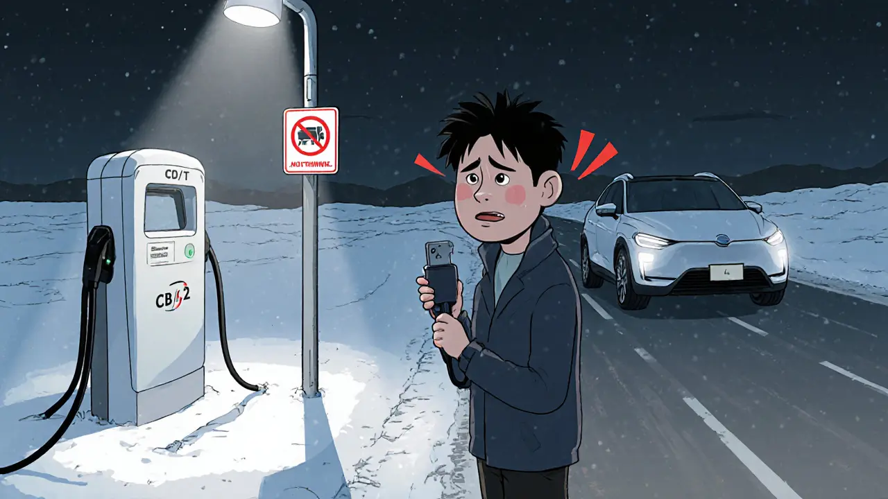 Водитель с адаптером GB/T стоит у неработающей зарядной станции CCS2 в снежной пустыне.