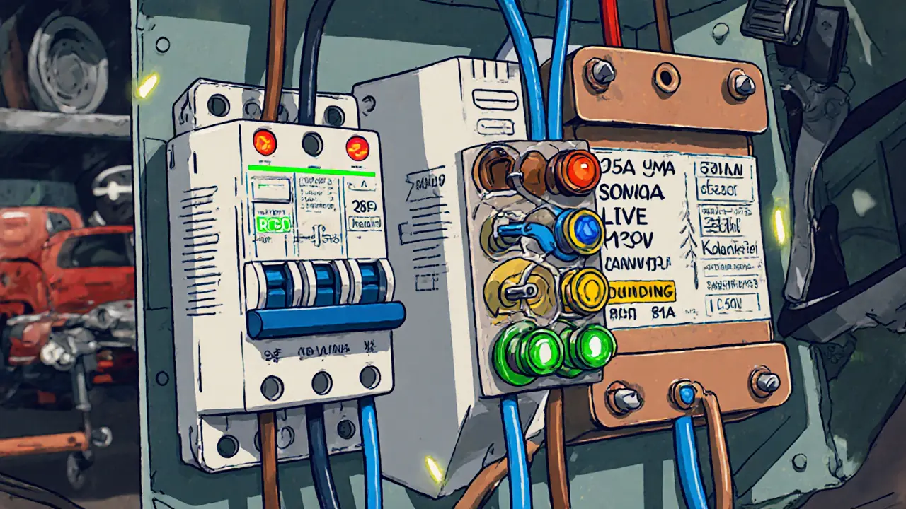 Детальный вид электрощита с цветными проводами, заземляющей шиной и индикаторами защиты.