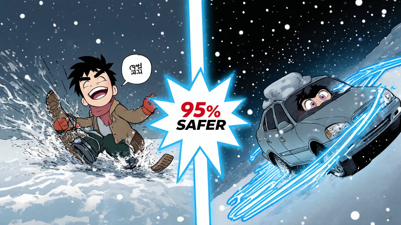 Два сценария: машина теряет управление без ESP и плавно проходит поворот с включённой системой — контраст в стиле вебтона.