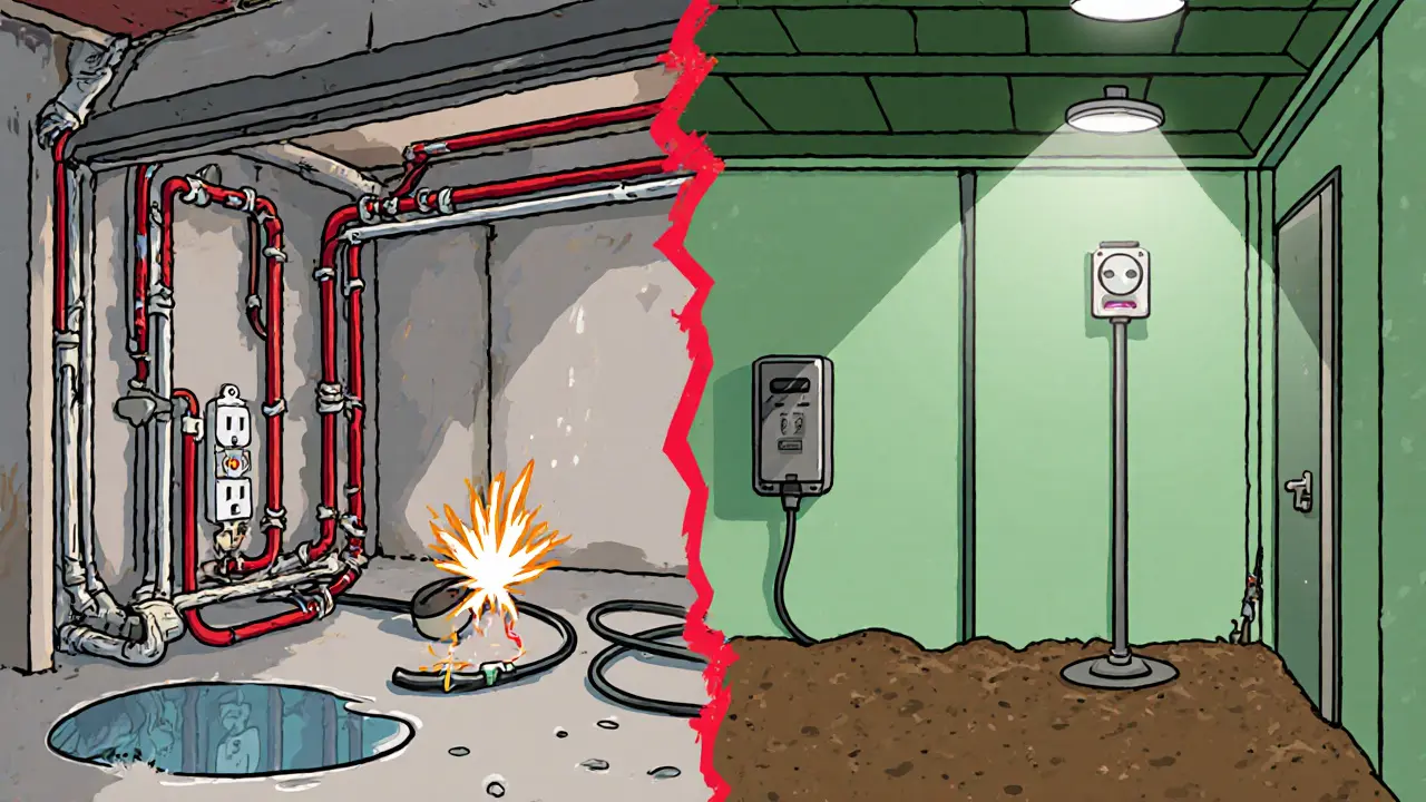 Контраст: опасная старая проводка слева и безопасная современная — справа с заземлением и мониторингом нагрузки.