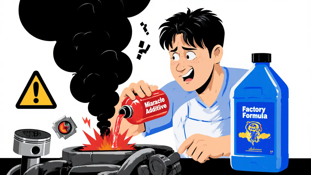 Механик льёт опасную присадку, из двигателя вырывается дым и предупреждения.