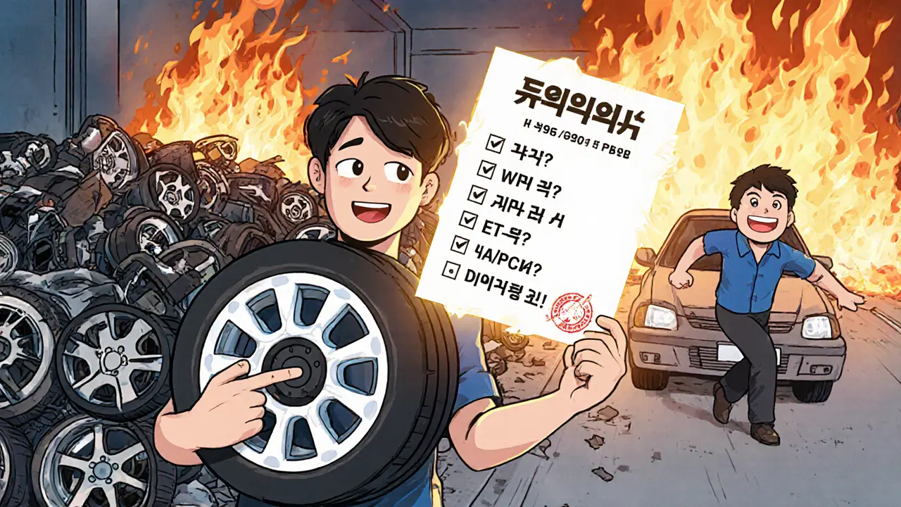 Механик показывает сертифицированный диск и чек-лист безопасности, за спиной — горящие дешевые колеса.