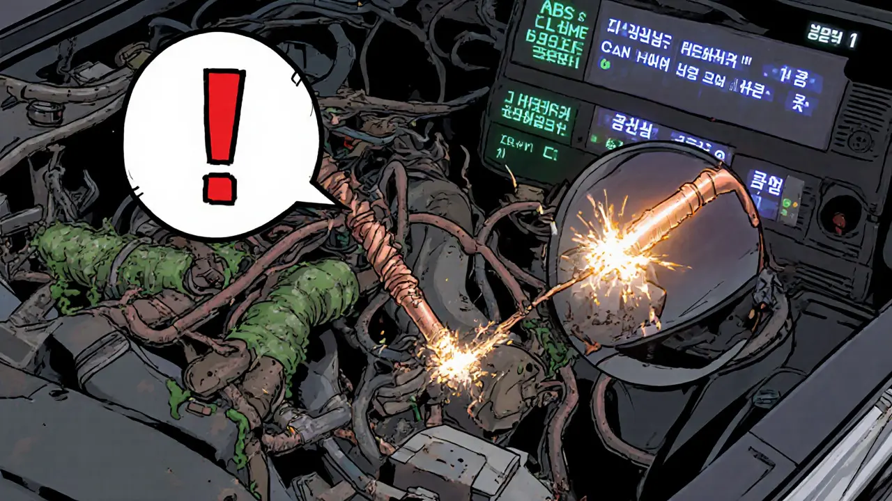 Под капотом видны поврежденные провода с коррозией и самодельной скруткой, над ними вспыхивают ошибки диагностики.