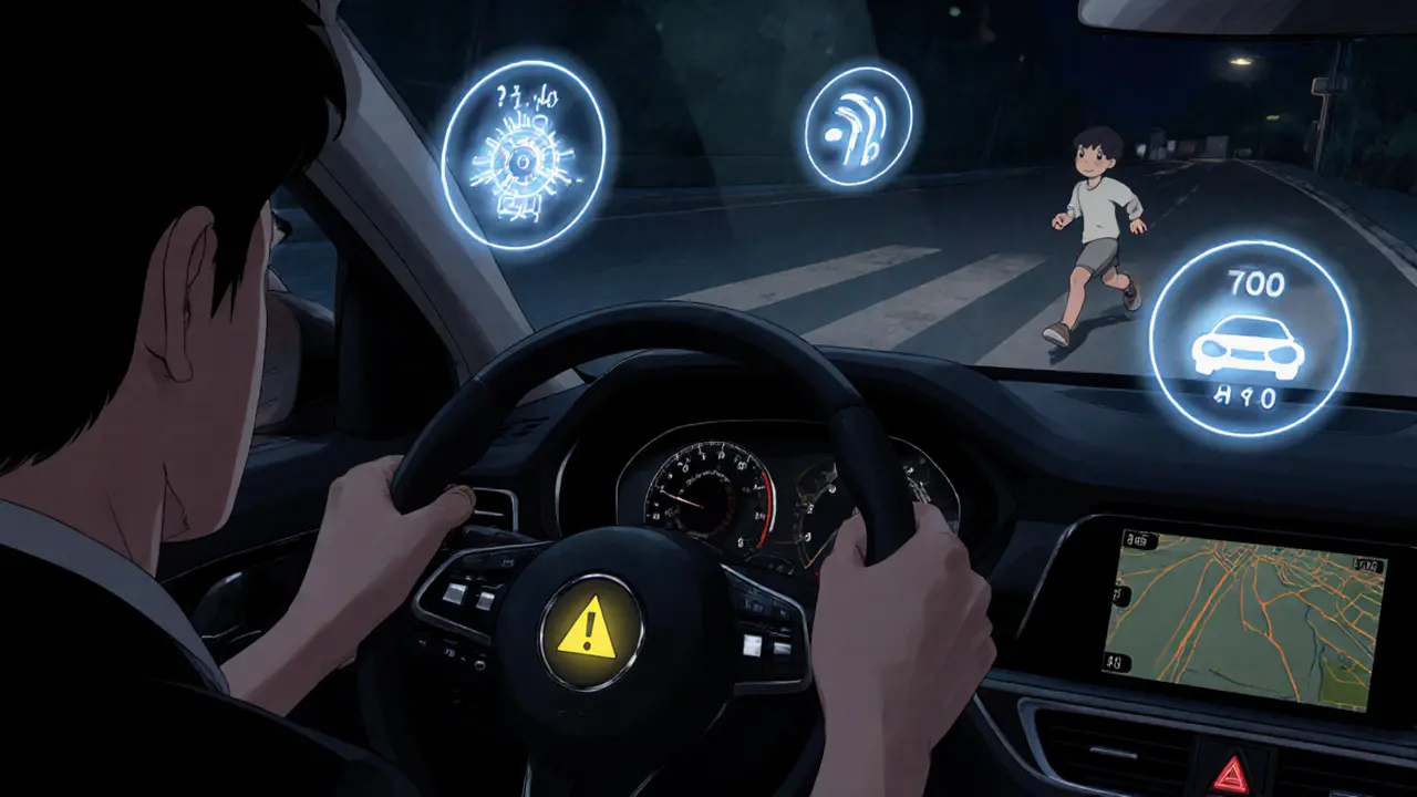 Приборная панель с мигающим индикатором ESP, водитель сосредоточен, вокруг — цифровые данные датчиков в стиле вебтона.