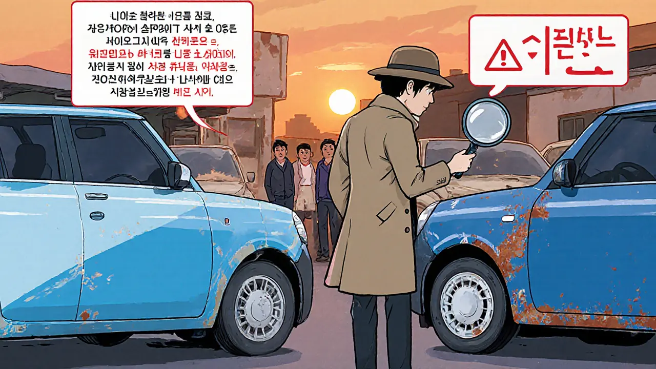 Две машины рядом: одна с нормальной покраской, другая — с скрытым ремонтом и ржавчиной под краской, детектив указывает на повреждение.