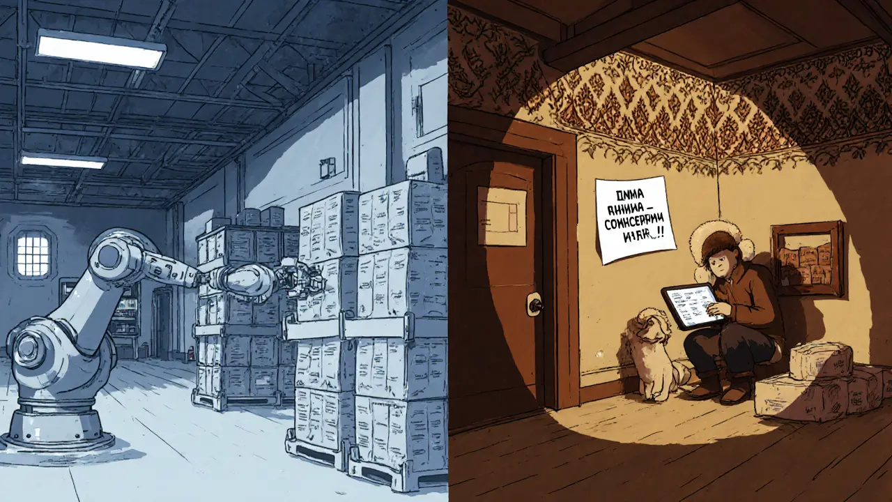 Местный дистрибьютор в Якутии упаковывает товары вручную, рядом — тёплый склад с народными узорами.