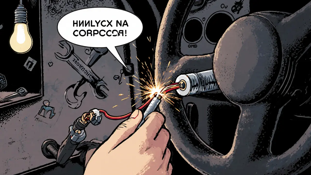 Рука подключает провода к пластиковому рулю, искры летят от контакта на корпус.