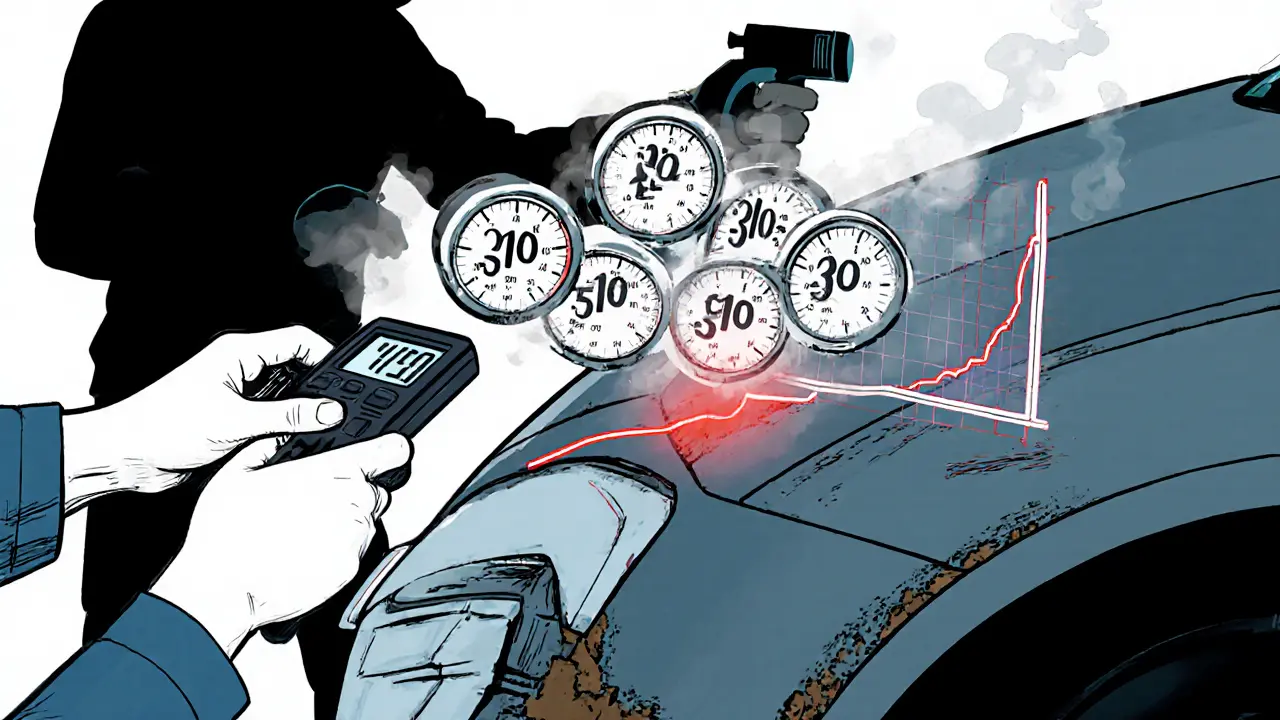 Руки техника делают семь замеров на крыле автомобиля, цифры и график показывают неоднородность толщины покрытия, один замер выделен красным.