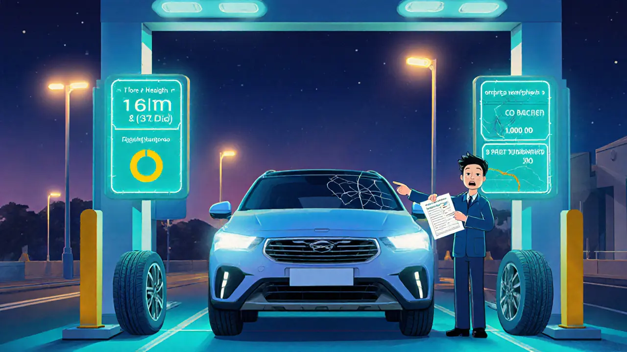Автомобиль на пункте техосмотра с цифровыми показателями, техник указывает на трещину в лобовом стекле и несовпадающие шины.