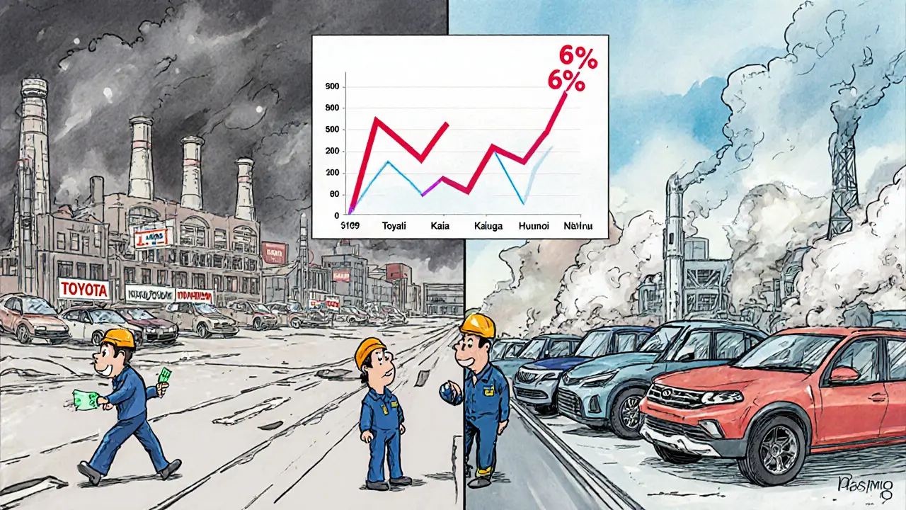Разделённая сцена: заброшенные заводы налево, активные российские производства направо с ростом доли отечественных авто.