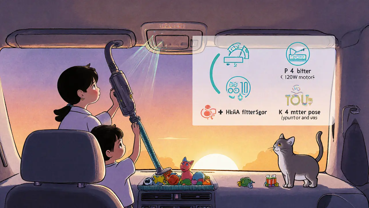 Семья убирает машину вместе: родитель чистит вентиляционные решетки, ребенок — сиденья, кошка смотрит сверху.