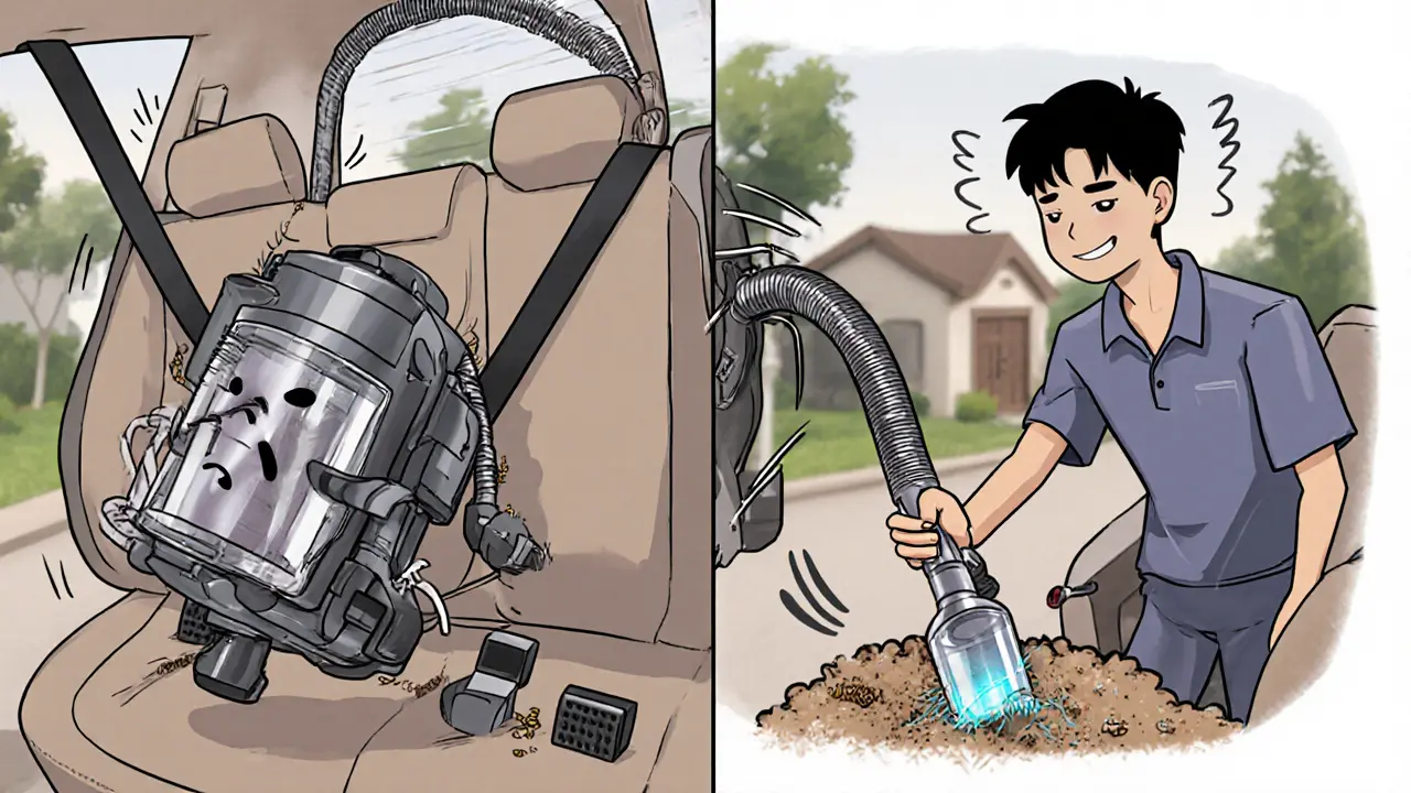 Сравнение старого домашнего пылесоса и современного автомобильного с длинным шлангом, собирающего грязь из салона.