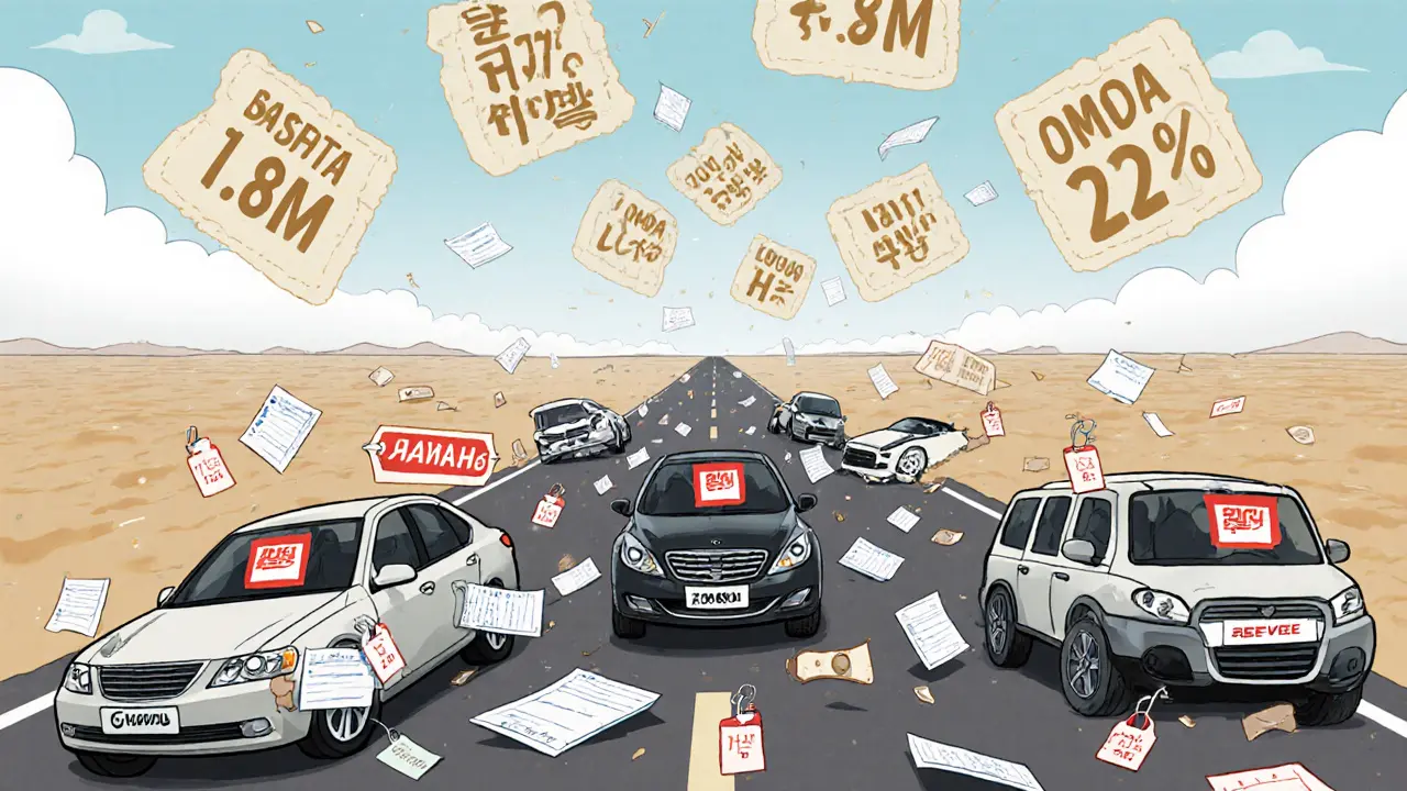 Три машины едут по дороге будущего: Lada, Haval и Belgee впереди, а брошенные Kia и Geely — позади.