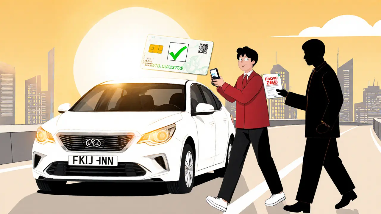 Водитель получает электронную диагностическую карту на телефон, рядом — попытка мошенничества с фальшивой бумажкой.