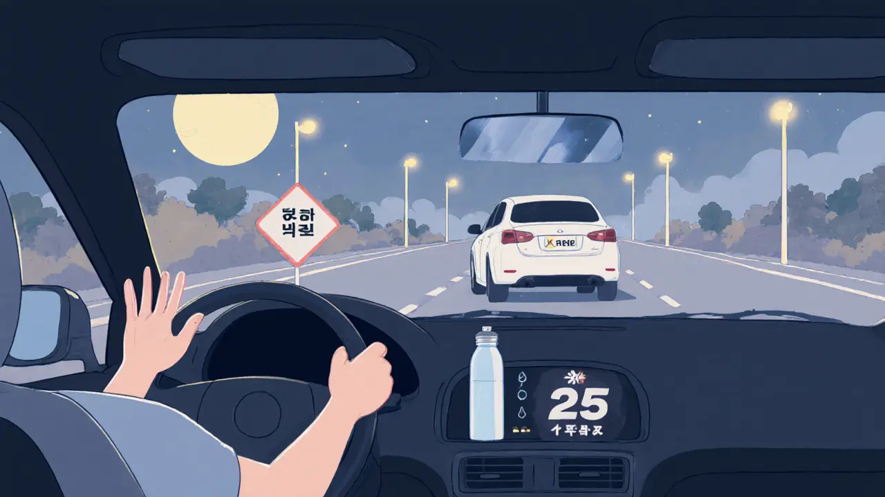 Водитель следует за другой машиной на безопасном расстоянии, с термосом и водой на панели.