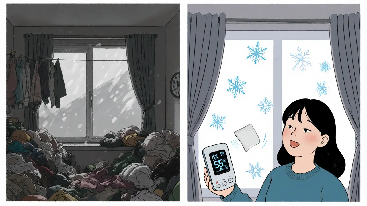 До и после: слева — запотевшие окна и мокрое белье, справа — чистые стекла, пакетики силикагеля и гигрометр с цифрой 55%.