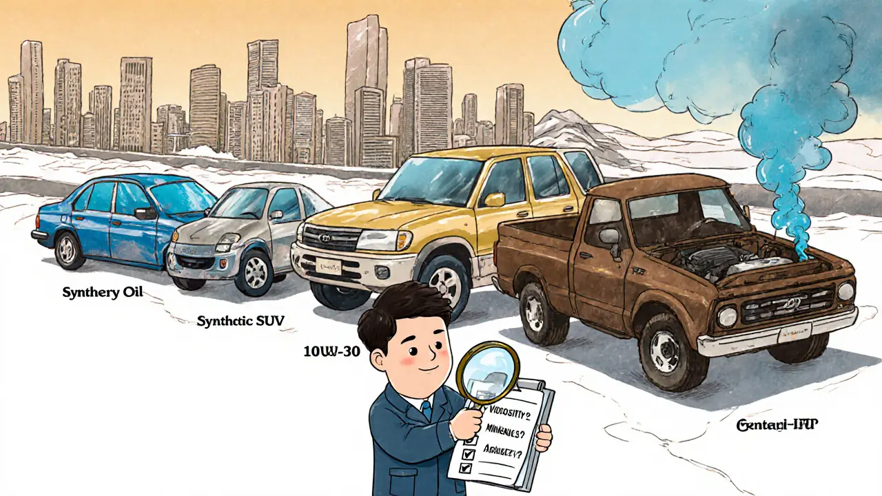 Эволюция автомобиля: новый, со средним пробегом и с большим пробегом, с разными типами масла.