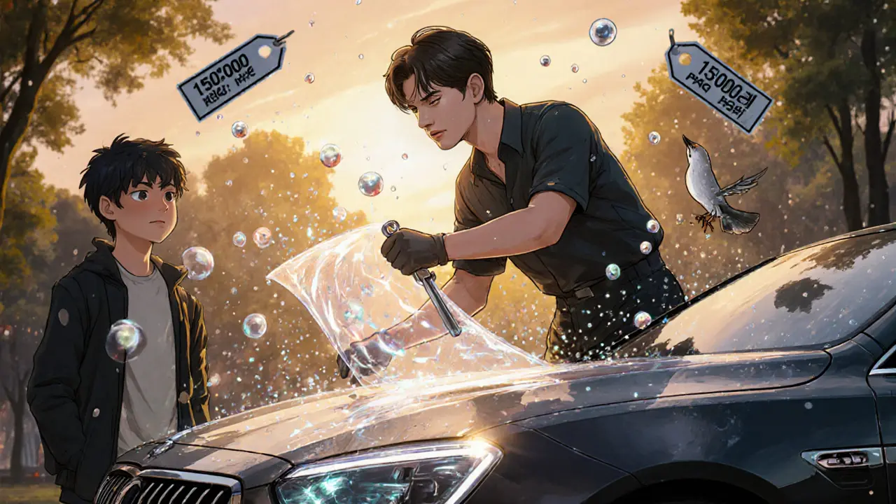 Профессионал наносит прозрачную пленку на капот автомобиля, капли помета отскакивают.