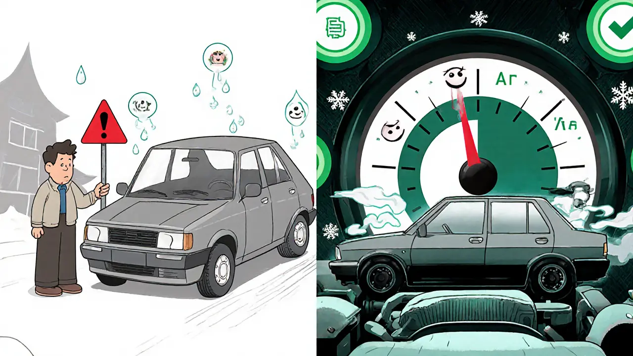 Сравнение старого и нового способа прогрева: старый двигатель без дела, новый — в движении с ростом температуры.