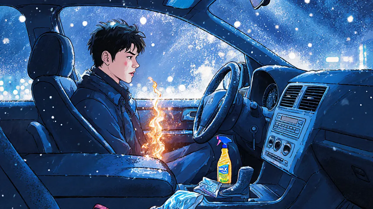 Внутри машины зимой: теплый воздух дует на лобовое стекло, под сиденьем лежит пакетик силикагеля, за окном — снежная буря.