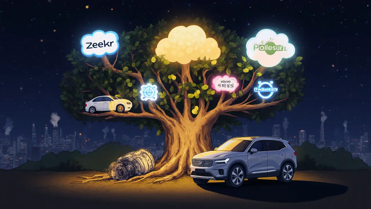 Дерево Geely с ветвями-брендами растет из заводов, питаясь обновлениями ПО и освещая будущее.