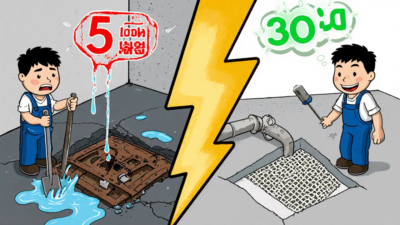 До и после смотровой ямы: протекающая и защищенная от воды конструкция.