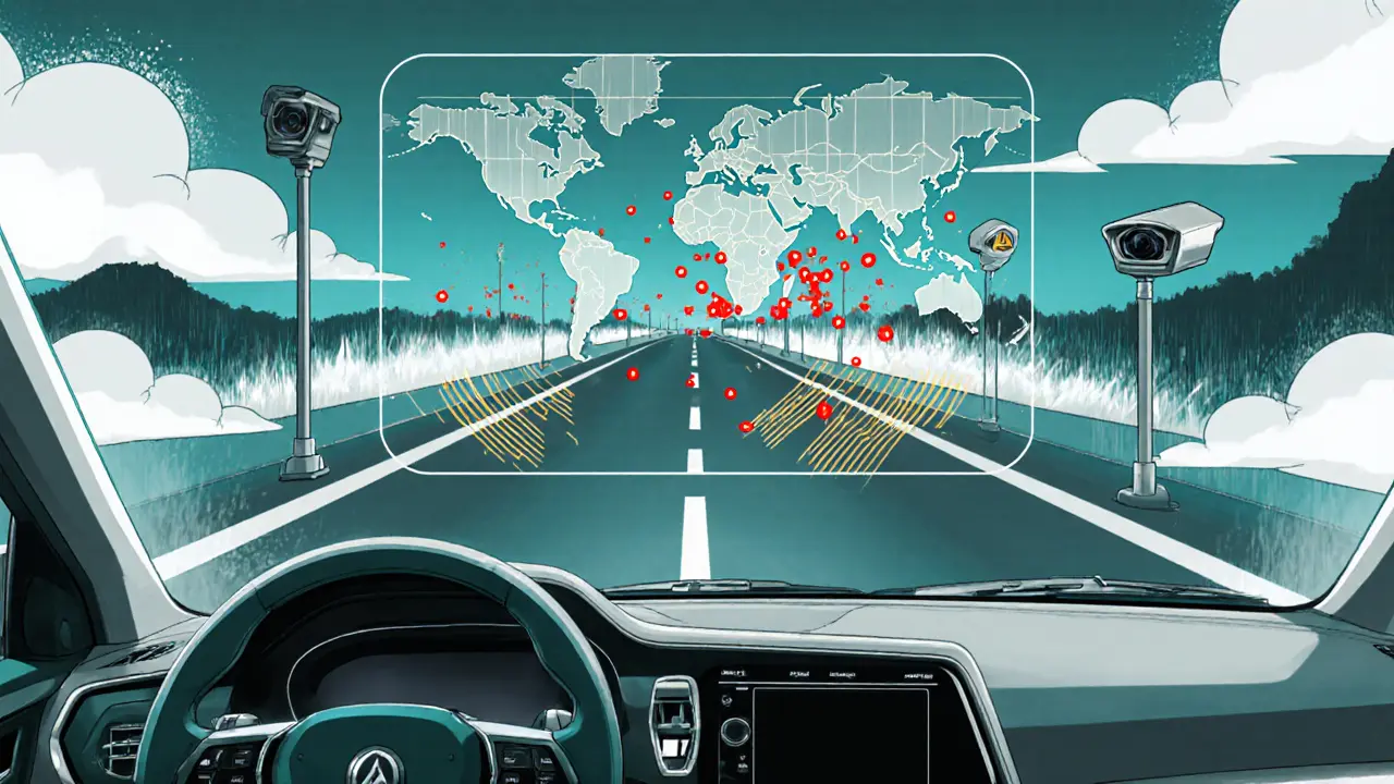 Голографическая карта радаров на приборной панели, рядом — камеры без радаров, светящиеся вдоль дороги.