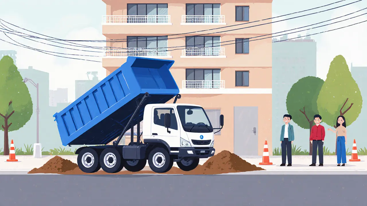 Городской самосвал с боковой разгрузкой аккуратно выгружает грунт у дома в узком дворе.