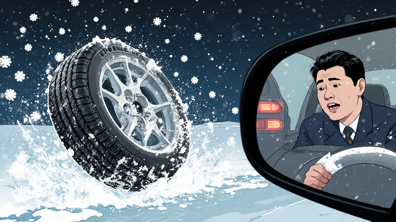 Машина с китайскими зимними шинами теряет управление на льду, в то время как европейская шина надежно сцепляется.