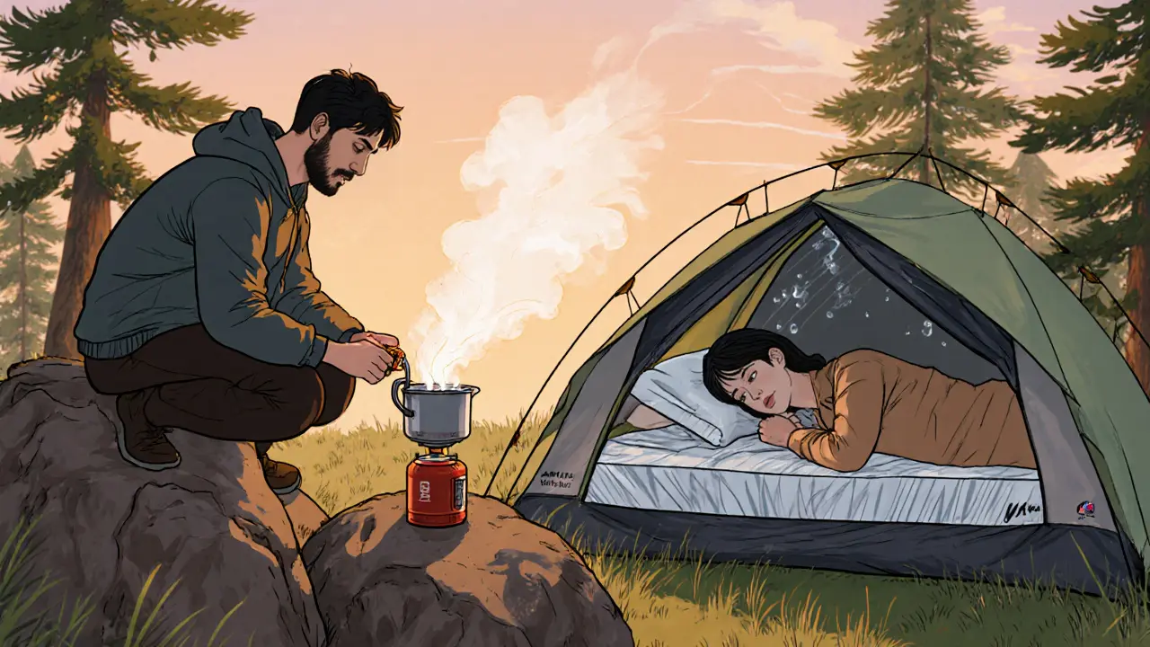 Мужчина готовит еду на портативной плите на каменистом участке, женщина спит в палатке.