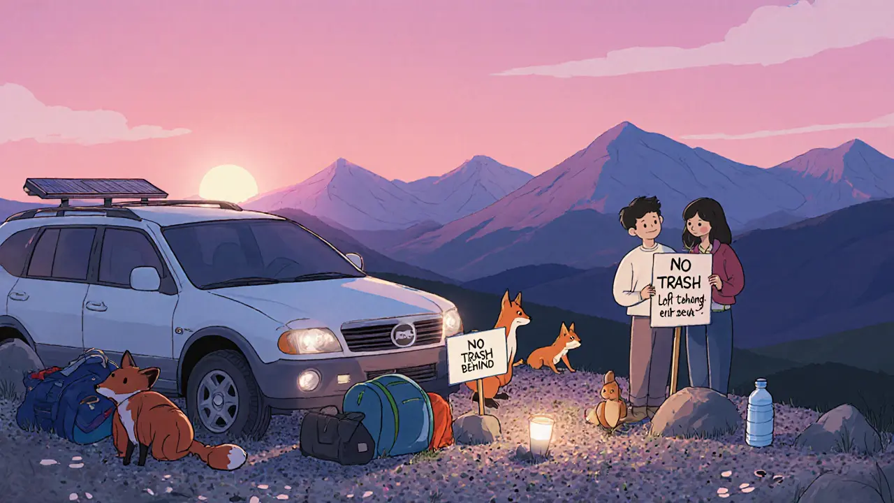 Пара устанавливает знак &#039;Не оставляйте мусор&#039; на возвышенной стоянке при рассвете.